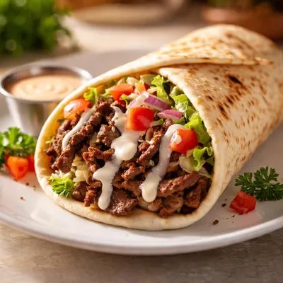 Jumbo Donair with seasoned meat, fresh vegetables and signature sauces at Casablanca Pizza & Donair Edmonton